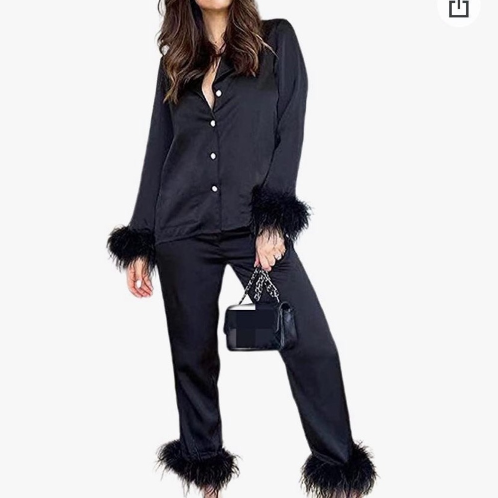 Women Pajamas Set Button Down Long Sleeve Sleepwear Feather Trim Loungewear